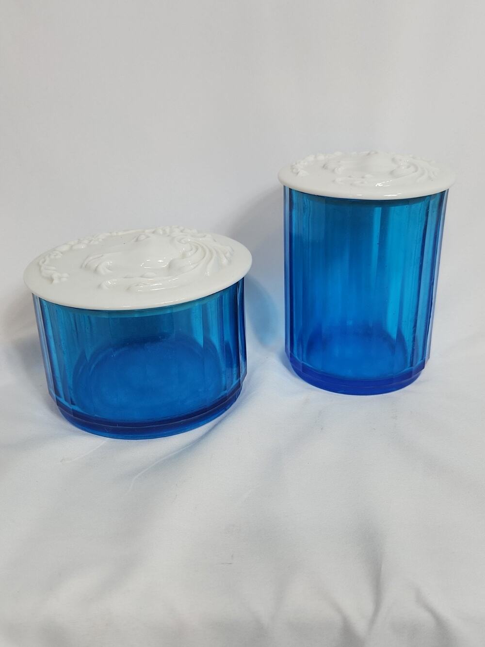 Vintage Blue Glass Canister Set White Ceramic Unicorn Lids Fantasy Vanity Jars 2